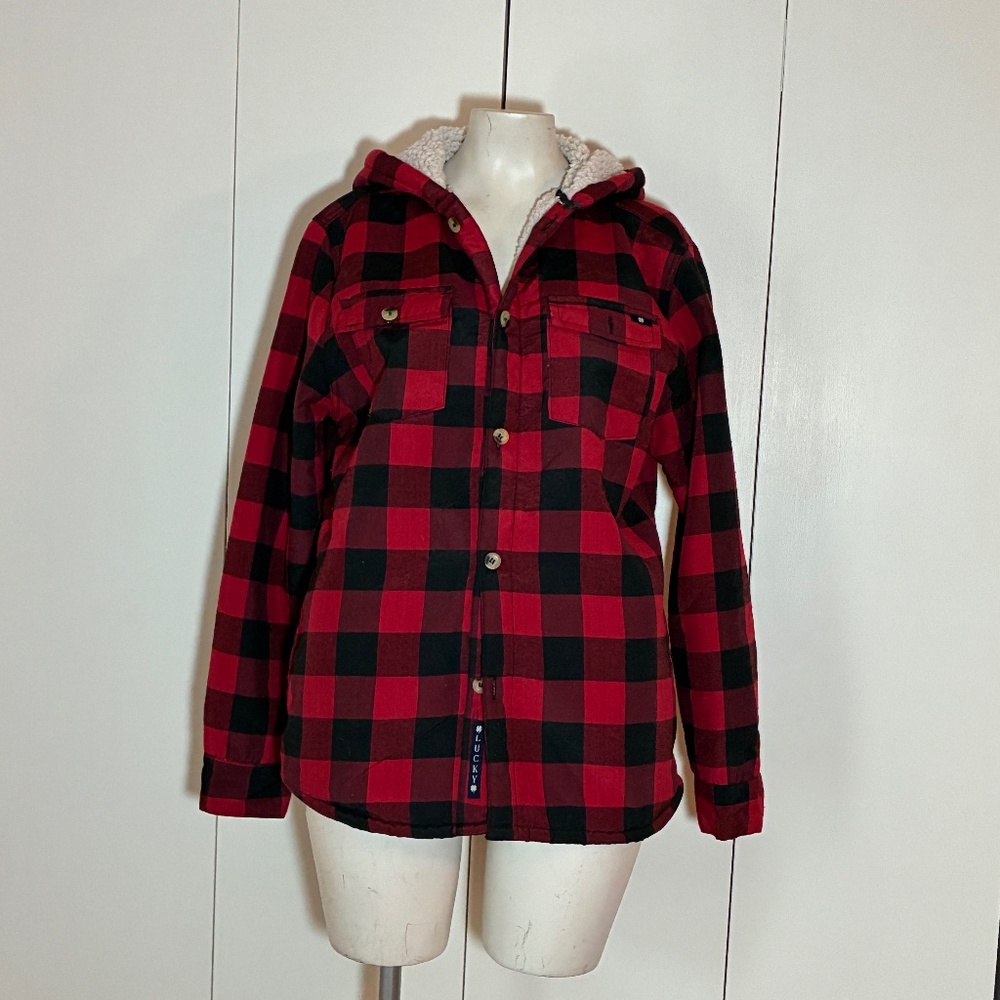 Lucky Brand Red and Black Plaid Jacket/Shacket Women Size XL with Hood